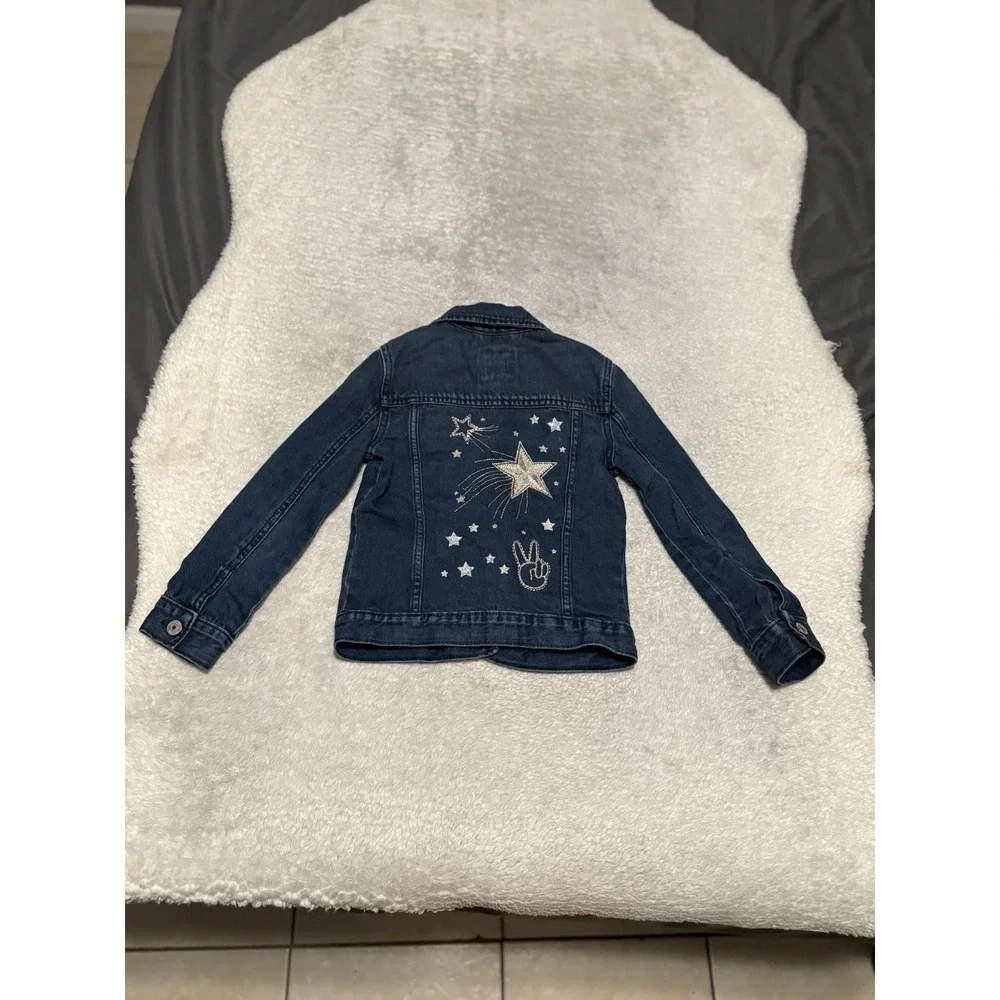 Gap Kids Girls Small Blue Denim Button Jacket Moto Kitten Cat Print